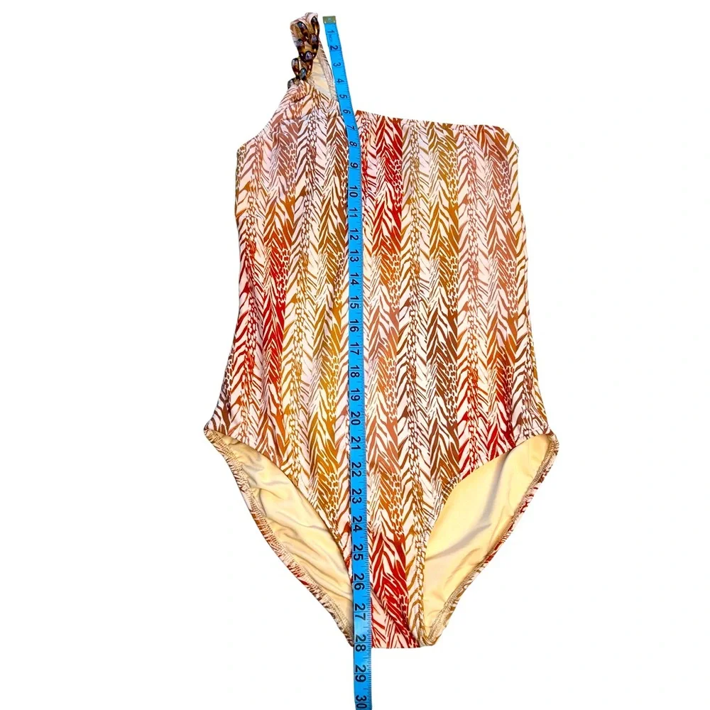 Shoshanna One Piece Swimsuit One Shoulder Chain Detail Amber Safari Print Size 4